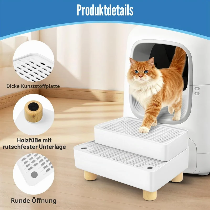 Bartuke Verstellbare 2-stufige Katzentoilettenrampe, Katzen Treppen&Stufen mit Holzfüsse Filterfunkt
