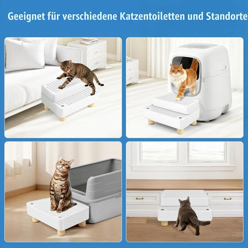 Bartuke Verstellbare 2-stufige Katzentoilettenrampe, Katzen Treppen&Stufen mit Holzfüsse Filterfunkt