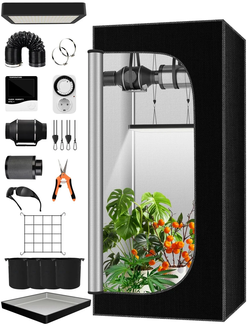 Komplettes Growzelt Set, 70x70x160cm Growbox, Growzelt-System mit 100W LED-Wachstumslicht, automatis