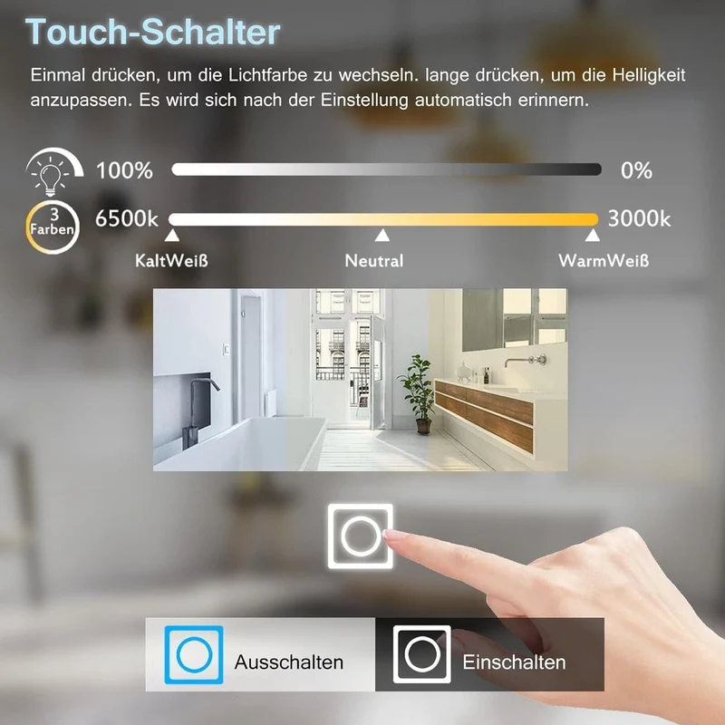 LISA LED Badspiegel mit Beleuchtung 80x60 cm, Bad Spiegel Gross badezimmerspiegel mit Touch Dimmbar