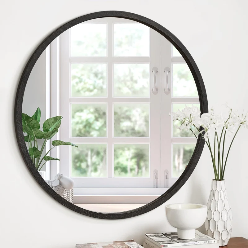 JJUUYOU Spiegel mit Holzrahmen, kreisförmig, Wandmontage, für Badezimmer, Schlafzimmer, Wohnzimmer,