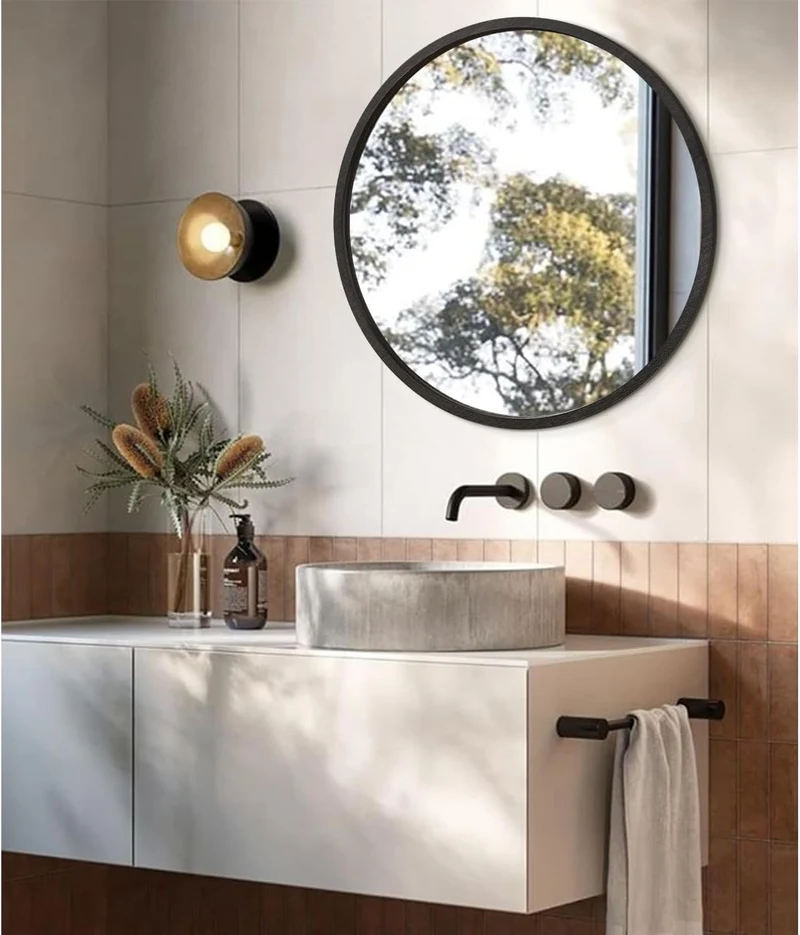 JJUUYOU Spiegel mit Holzrahmen, kreisförmig, Wandmontage, für Badezimmer, Schlafzimmer, Wohnzimmer,