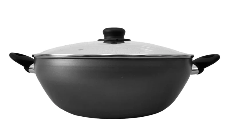 Wok aus Aluminium, 32 cm, antihaftbeschichtet, mit Deckel, grosse antihaftbeschichtete Wokpfanne für