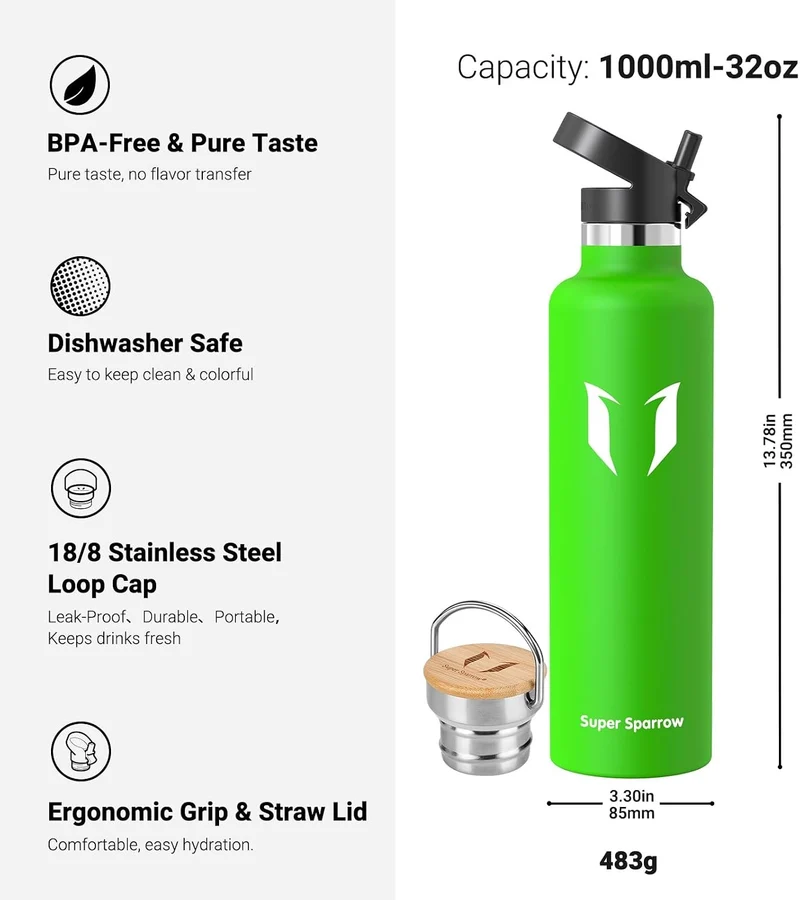 Super Sparrow Trinkflasche Edelstahl - 350ml/500ml/620ml/750ml/1L - Auslaufsicher Thermoskanne, BPA-