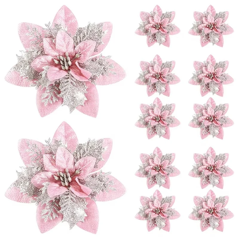 TWINKAFLEUR – 14,5 cm Glitzer-Weihnachtsblumen in Rosa, Rot und Gold