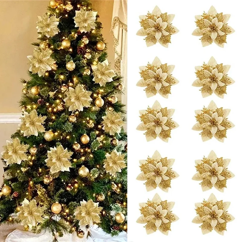 TWINKAFLEUR – 14,5 cm Glitzer-Weihnachtsblumen in Rosa, Rot und Gold