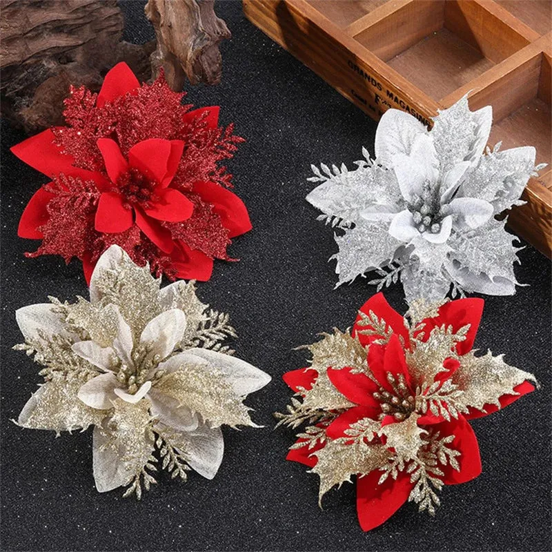 TWINKAFLEUR – 14,5 cm Glitzer-Weihnachtsblumen in Rosa, Rot und Gold