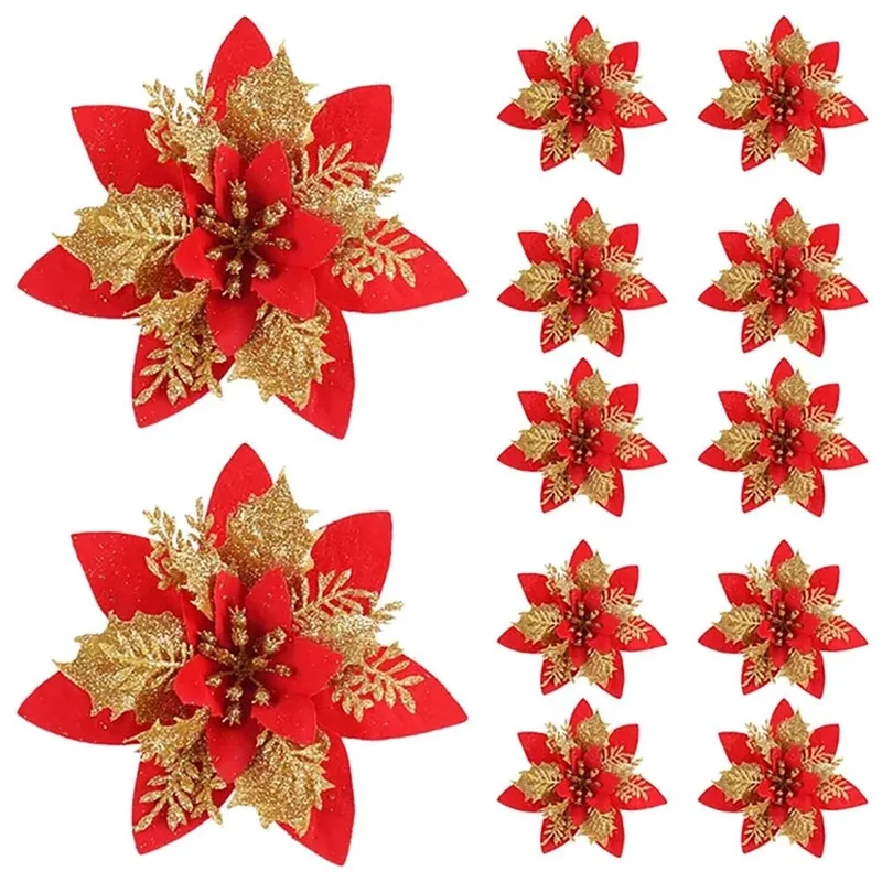TWINKAFLEUR – 14,5 cm Glitzer-Weihnachtsblumen in Rosa, Rot und Gold