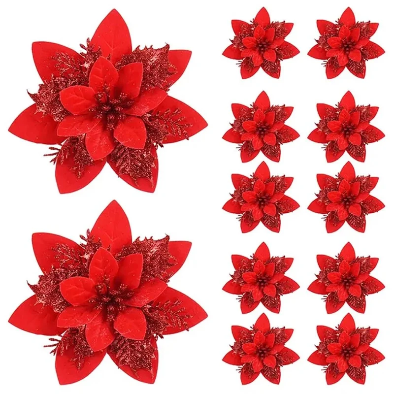 TWINKAFLEUR – 14,5 cm Glitzer-Weihnachtsblumen in Rosa, Rot und Gold