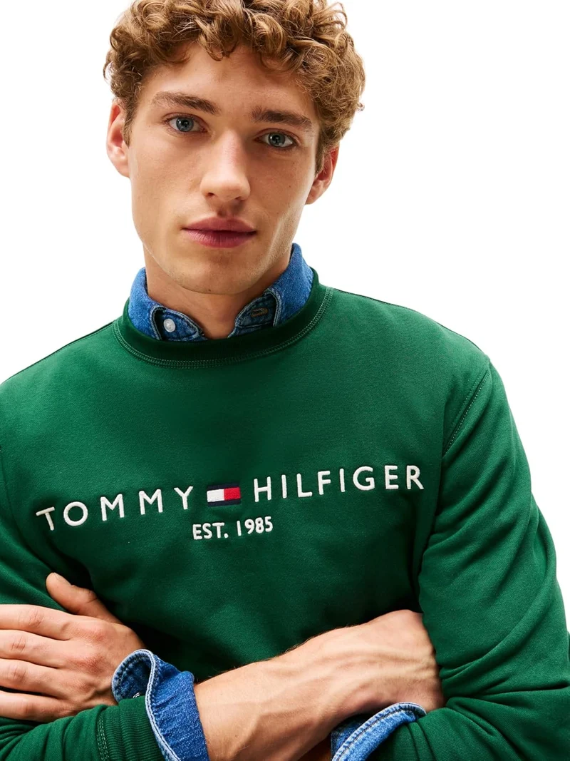Tommy Hilfiger Herren Sweatshirt Logo Rundhalsausschnitt, S Grün (Ornamental Green)