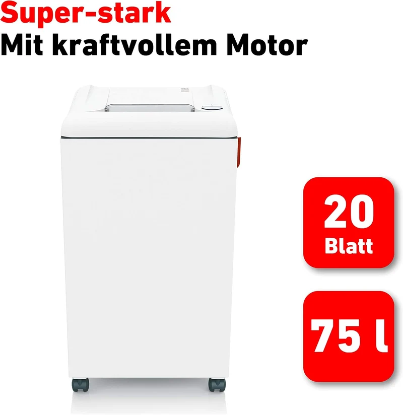 IDEAL 2503 Aktenvernichter, Sicherheitsstufe P-2, Streifenschnitt 4 mm, 20 Blatt Kapazität, 75L Abfa