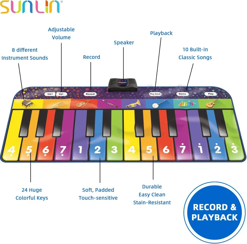 SUNLIN 1,8 m Lange Klaviermatte für Jungen und Mädchen, 24 Tasten, 10 Lieder, 8 Instrumentalklänge,