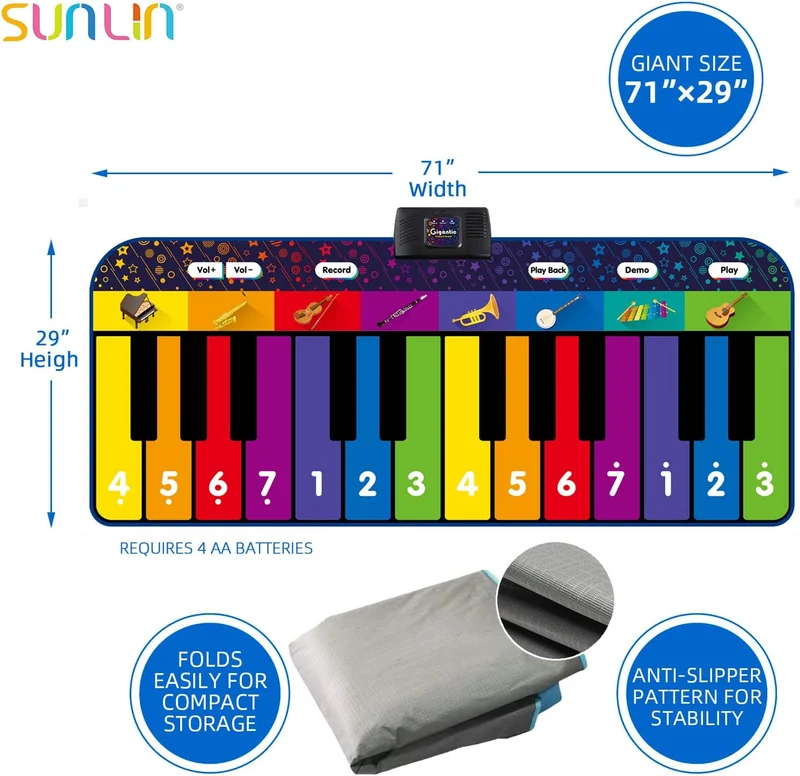 SUNLIN 1,8 m Lange Klaviermatte für Jungen und Mädchen, 24 Tasten, 10 Lieder, 8 Instrumentalklänge,