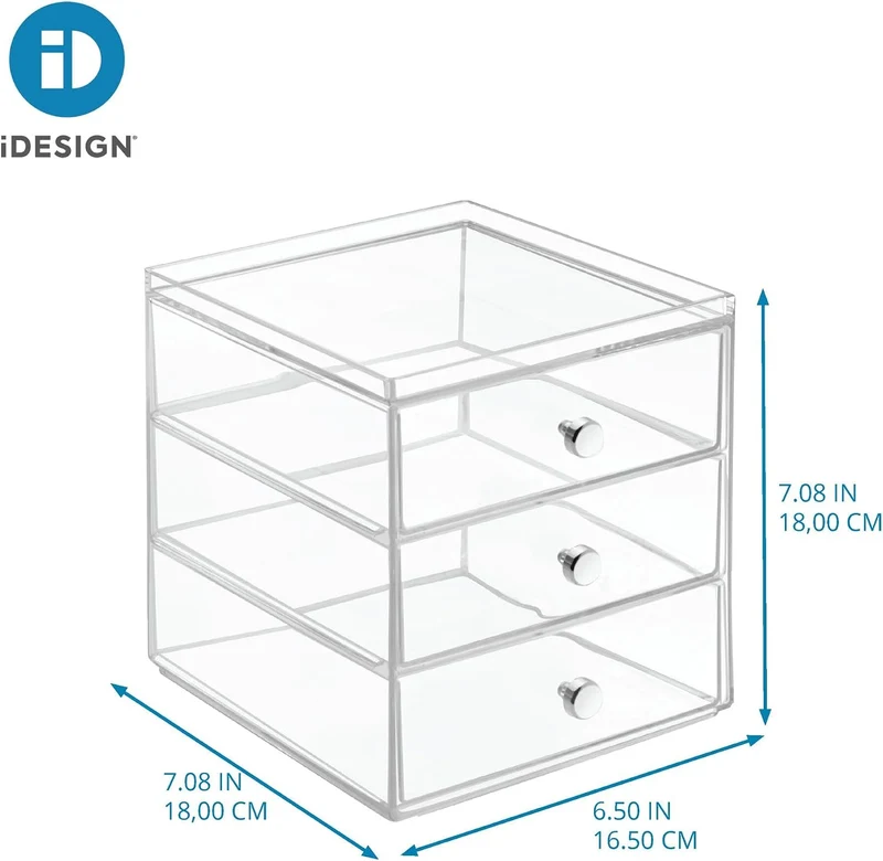 iDesign Schubladenbox für Kosmetik, kompakter Make-Up Organizer mit 3 Schubladen aus Kunststoff, sta