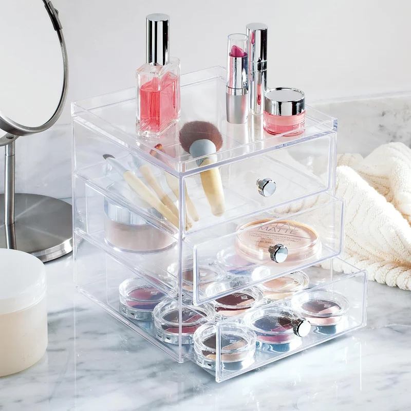 iDesign Schubladenbox für Kosmetik, kompakter Make-Up Organizer mit 3 Schubladen aus Kunststoff, sta
