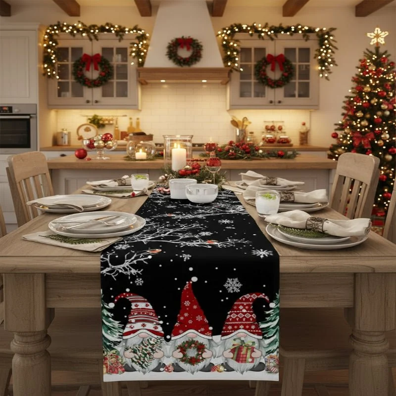 GNOMEWEAVE – Festlicher Weihnachtstischläufer Aus Leinen Mit Schneeflocken- Und Wichtelmotiv