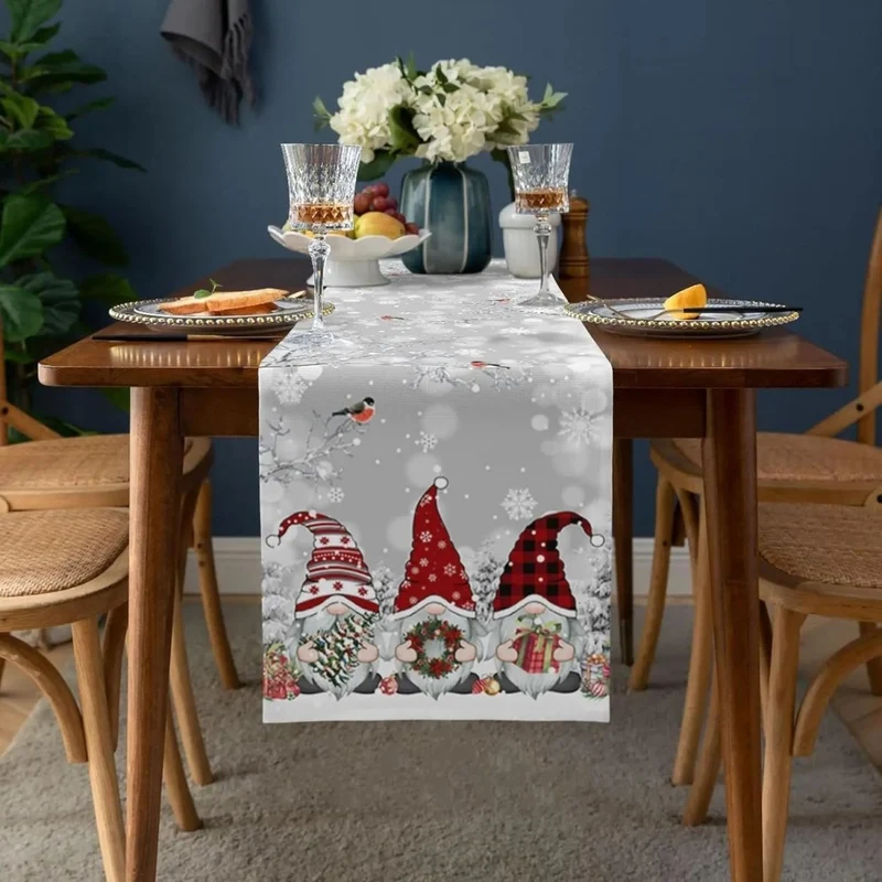 GNOMEWEAVE – Festlicher Weihnachtstischläufer Aus Leinen Mit Schneeflocken- Und Wichtelmotiv