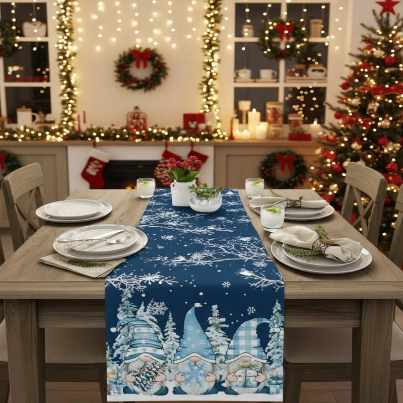 GNOMEWEAVE – Festlicher Weihnachtstischläufer Aus Leinen Mit Schneeflocken- Und Wichtelmotiv