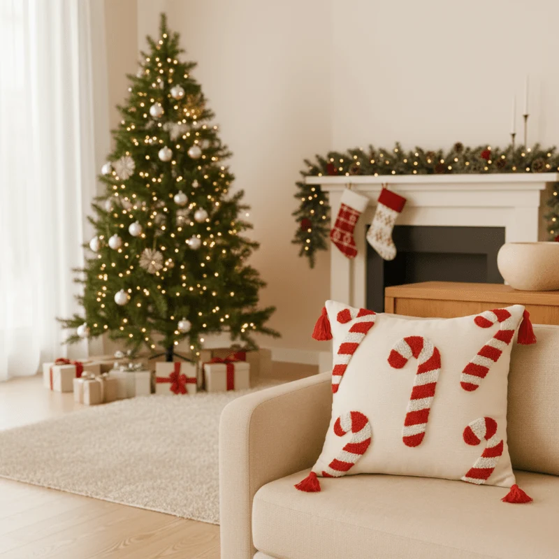 SWEETVELV – Festlicher Weihnachtskissenbezug Mit Zuckerstangenmotiv Und Weichem Samtstoff