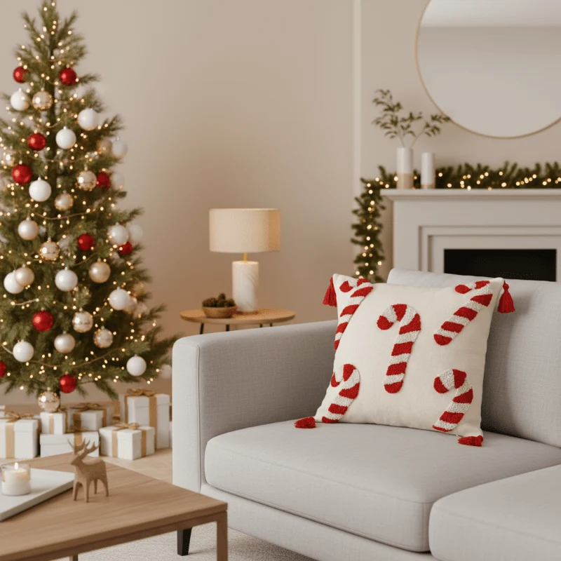 SWEETVELV – Festlicher Weihnachtskissenbezug Mit Zuckerstangenmotiv Und Weichem Samtstoff