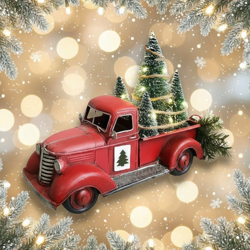 RoterLastwagen – Roter Retro-LKW Weihnachtsschmuck Mit Minibaum