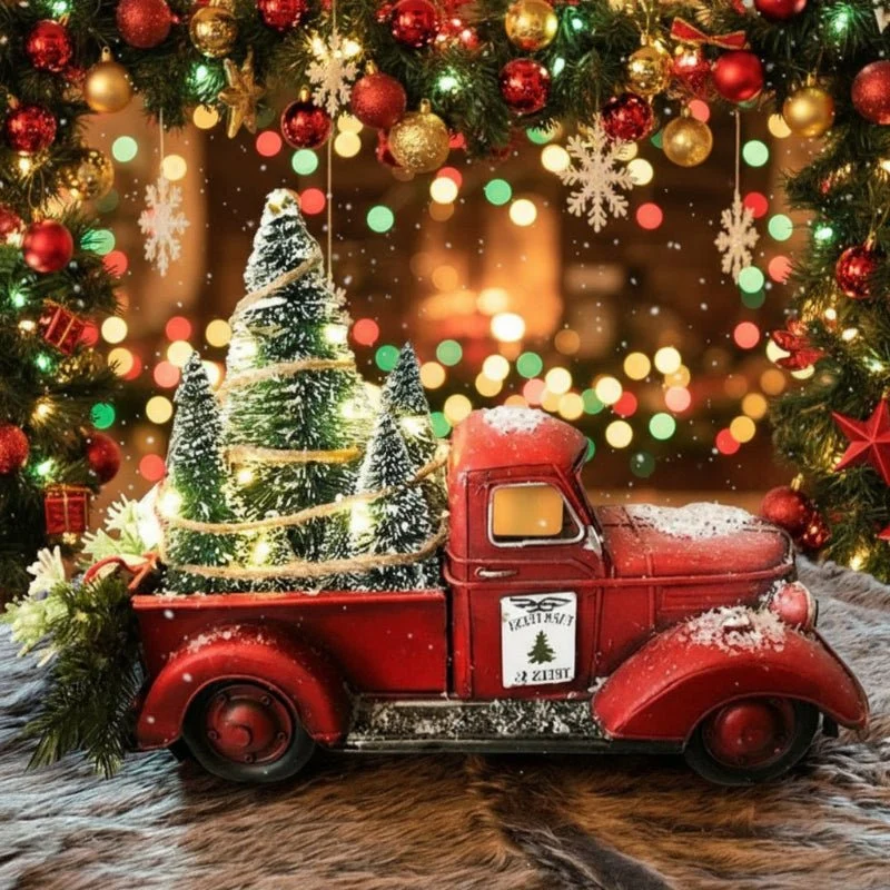 RoterLastwagen – Roter Retro-LKW Weihnachtsschmuck Mit Minibaum