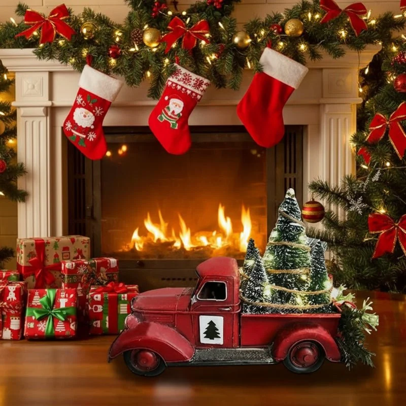 RoterLastwagen – Roter Retro-LKW Weihnachtsschmuck Mit Minibaum