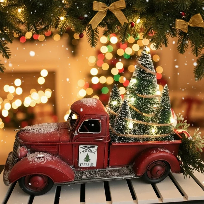 RoterLastwagen – Roter Retro-LKW Weihnachtsschmuck Mit Minibaum