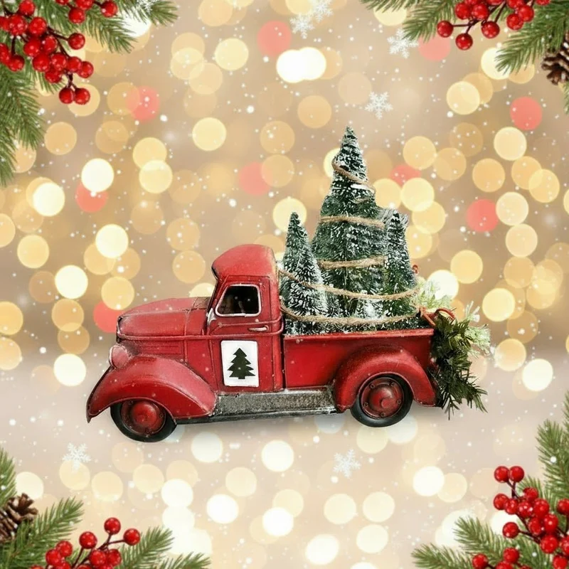 RoterLastwagen – Roter Retro-LKW Weihnachtsschmuck Mit Minibaum