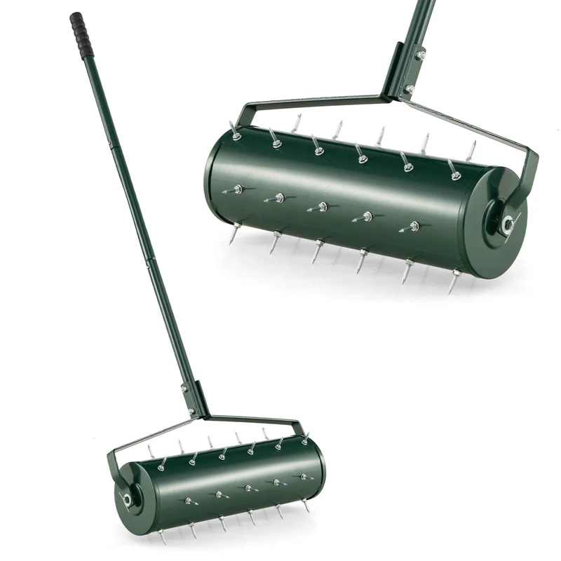 GOPLUS Rasenbelüfter, Handvertikutierer mit Stiel & 3,4cm Nägeln, rollender Aerifizierer, manueller