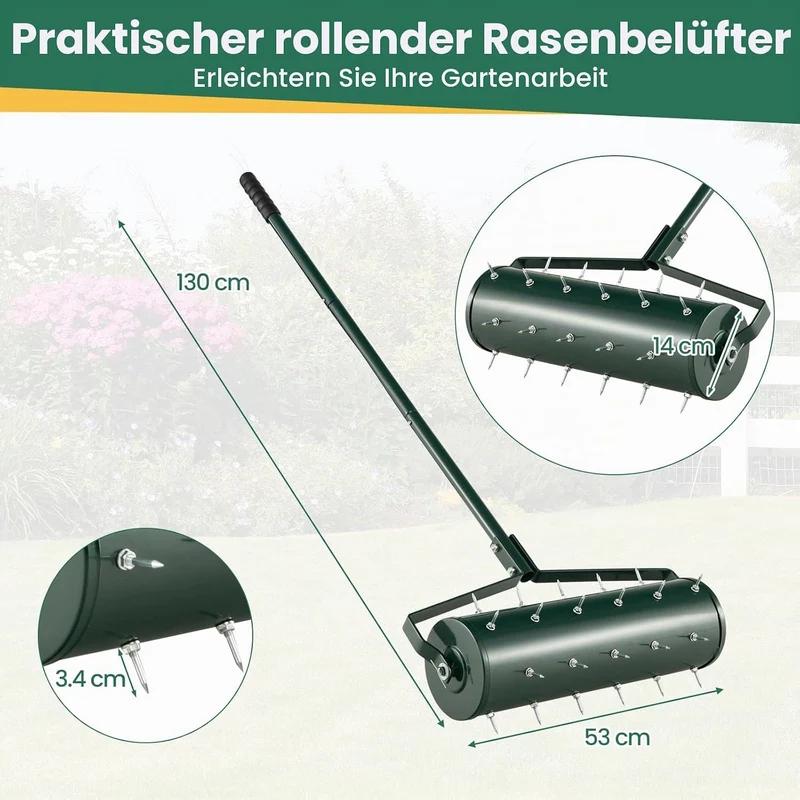 GOPLUS Rasenbelüfter, Handvertikutierer mit Stiel & 3,4cm Nägeln, rollender Aerifizierer, manueller