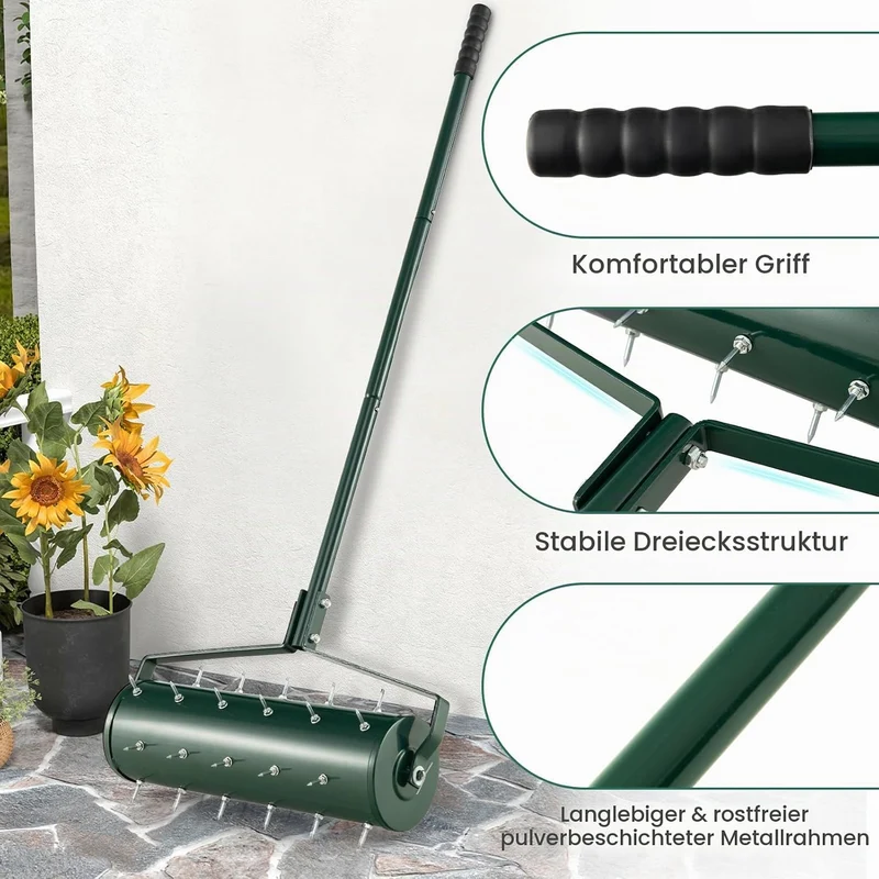 GOPLUS Rasenbelüfter, Handvertikutierer mit Stiel & 3,4cm Nägeln, rollender Aerifizierer, manueller