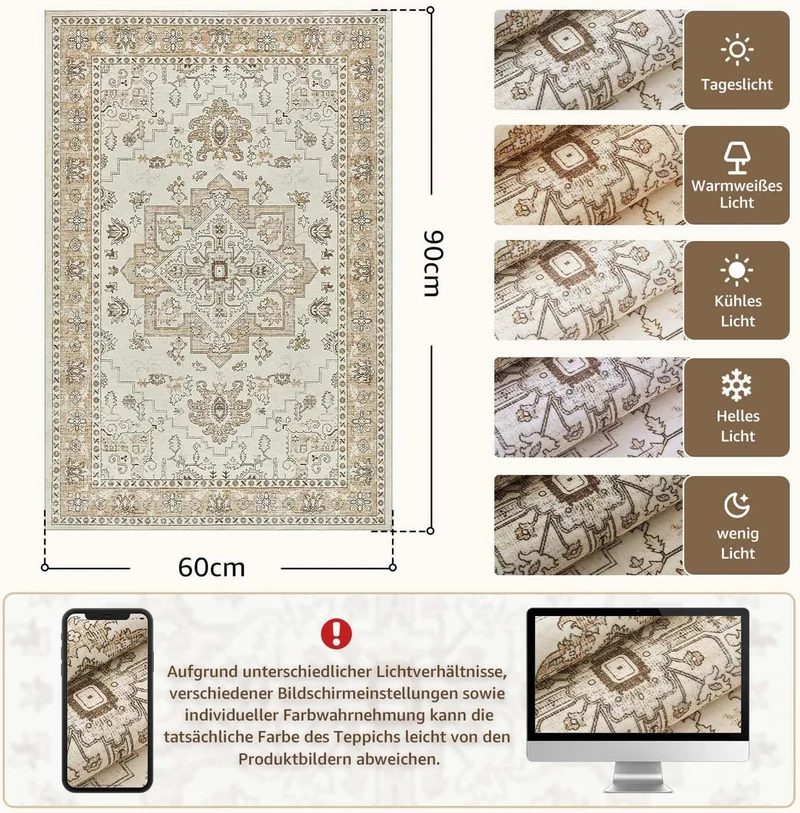 TOPICK waschbar Fussmatte innen Vintage Schmutzfangmatte Indoor 60x90 Beige Beige 60 x 90 cm (Rechte