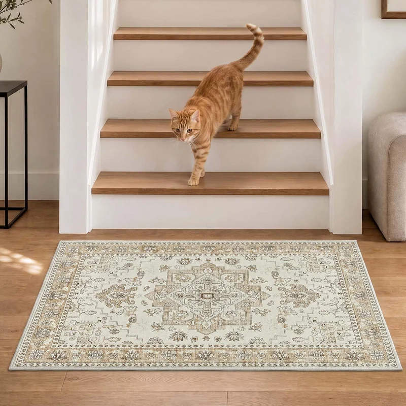 TOPICK waschbar Fussmatte innen Vintage Schmutzfangmatte Indoor 60x90 Beige Beige 60 x 90 cm (Rechte