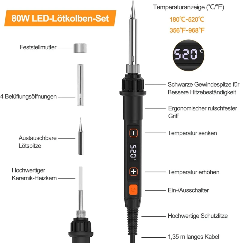 Lötkolben Set 80W LED Einstellbar Temperatur 180-520°C mit Ein/Aus Schalter Grau, Grau