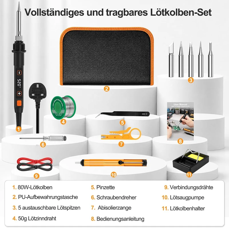 Lötkolben Set 80W LED Einstellbar Temperatur 180-520°C mit Ein/Aus Schalter Grau, Grau