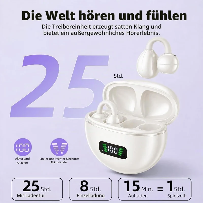 Open Ear Kopfhörer,Bluetooth-Kopfhörer zum Aufstecken,Bluetooth 5.4,HiFi Stereo,25 Stunden Akkulaufz