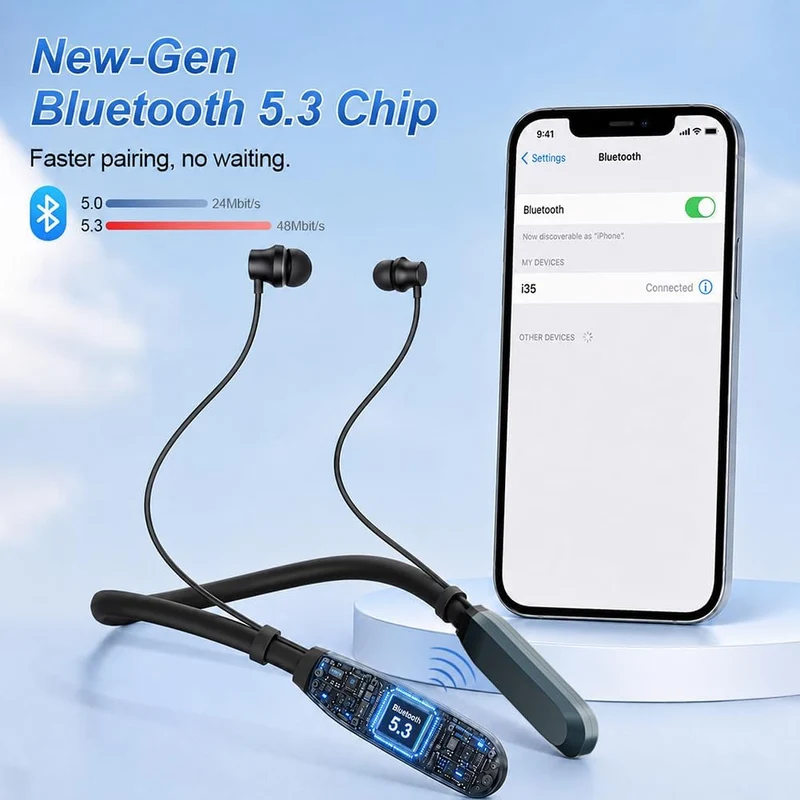 Nackenbügel Kabellose Kopfhörer 200 Stunden Spielzeit, Kopfhörer Sport Ohrhörer Bluetooth 5.3, Magne