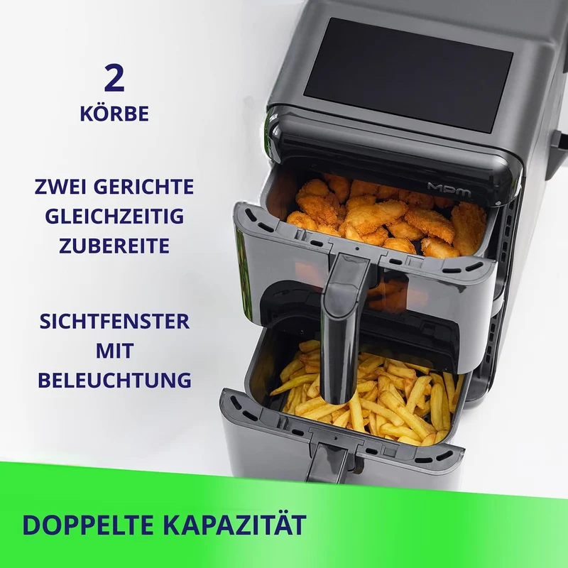 MPM Air Fryer Heissluftfritteuse 2 Kammern XXL 12 L Übereinander 3000 W