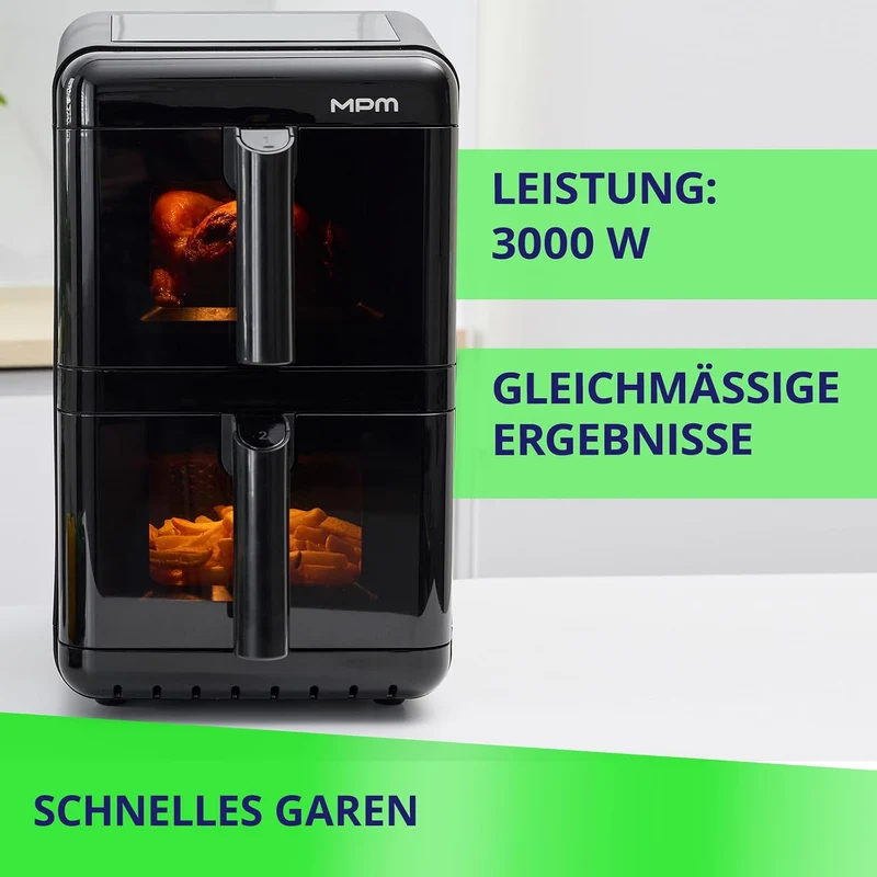 MPM Air Fryer Heissluftfritteuse 2 Kammern XXL 12 L Übereinander 3000 W