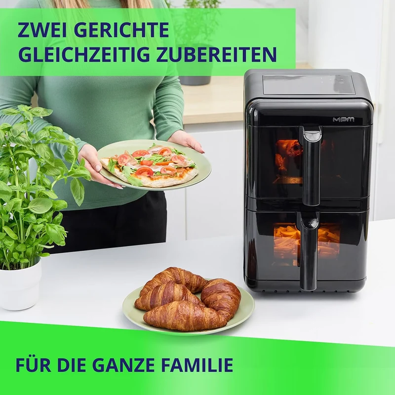 MPM Air Fryer Heissluftfritteuse 2 Kammern XXL 12 L Übereinander 3000 W