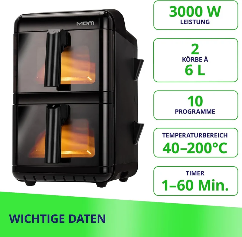 MPM Air Fryer Heissluftfritteuse 2 Kammern XXL 12 L Übereinander 3000 W