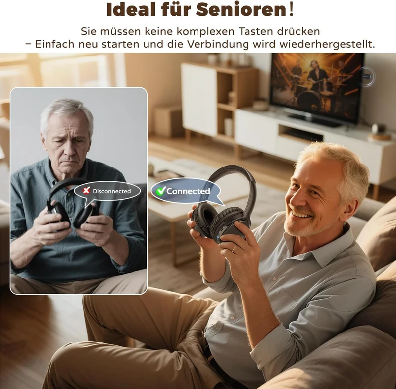 Holdsound TV Kopfhörer Kabellos für Senioren mit USB-Sender,Mehr Lautstärke Tintenschwarz, Tintensch