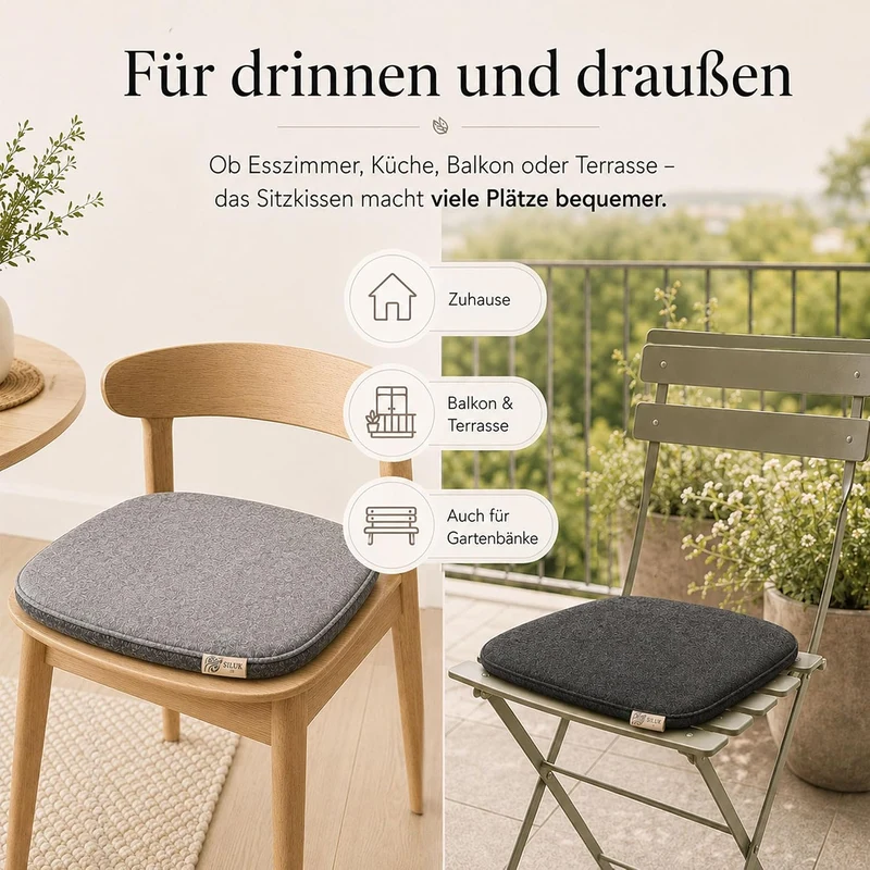 SILUK gemütliches Sitzkissen aus Filz 40cm x 40 cm - Komfortable Waschbare - 4er Set Grau I Schwarz