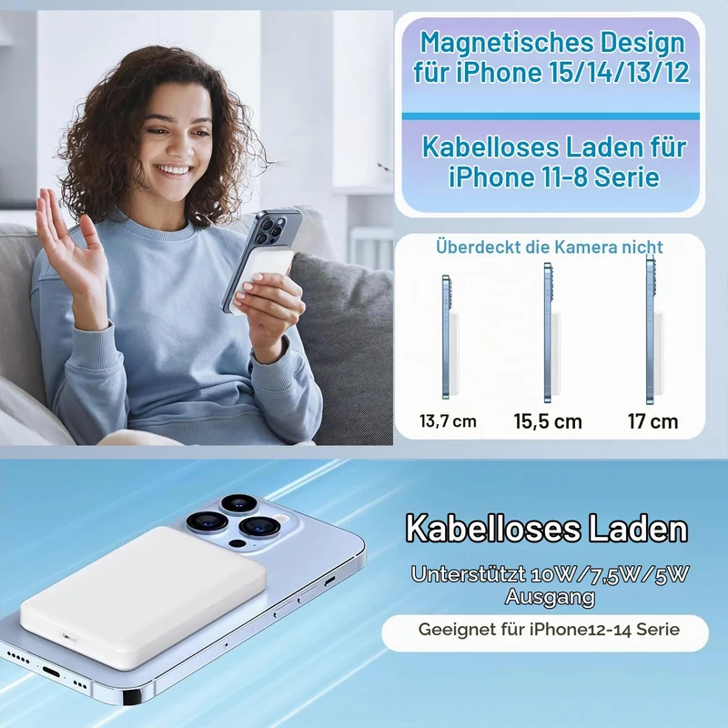 Powerbank für iPhone, Magnetische Wireless Power Bank 10000mAh Schnellladefunktion Ladegerät, Kabell