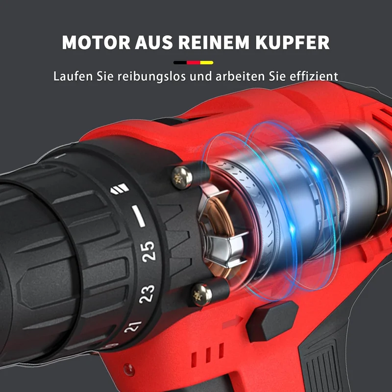 Akkuschrauber Set Akkubohrer 21V Akkuschrauber mit 2 Akkus Rot, Bohrschrauber 45Nm Akku Schrauber, 2