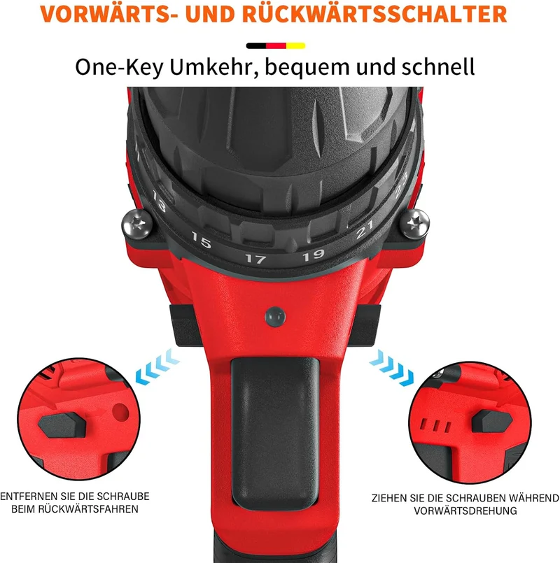 Akkuschrauber Set Akkubohrer 21V Akkuschrauber mit 2 Akkus Rot, Bohrschrauber 45Nm Akku Schrauber, 2