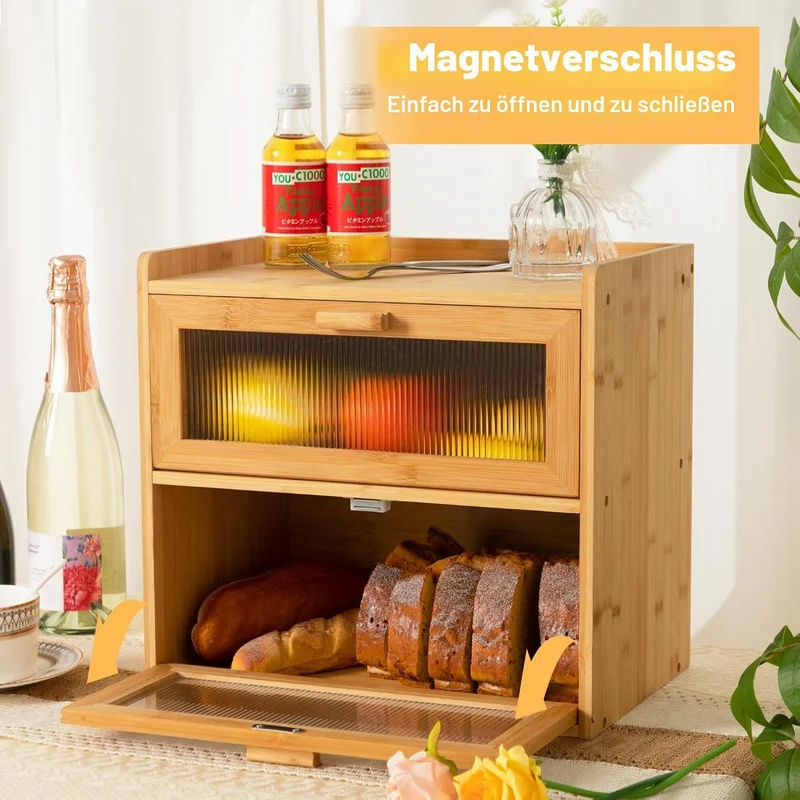 HollyHOME 2-lagiger Brotkasten aus Bambus mit gestreiftem Acrylfenster Rechteckig, Rechteckig