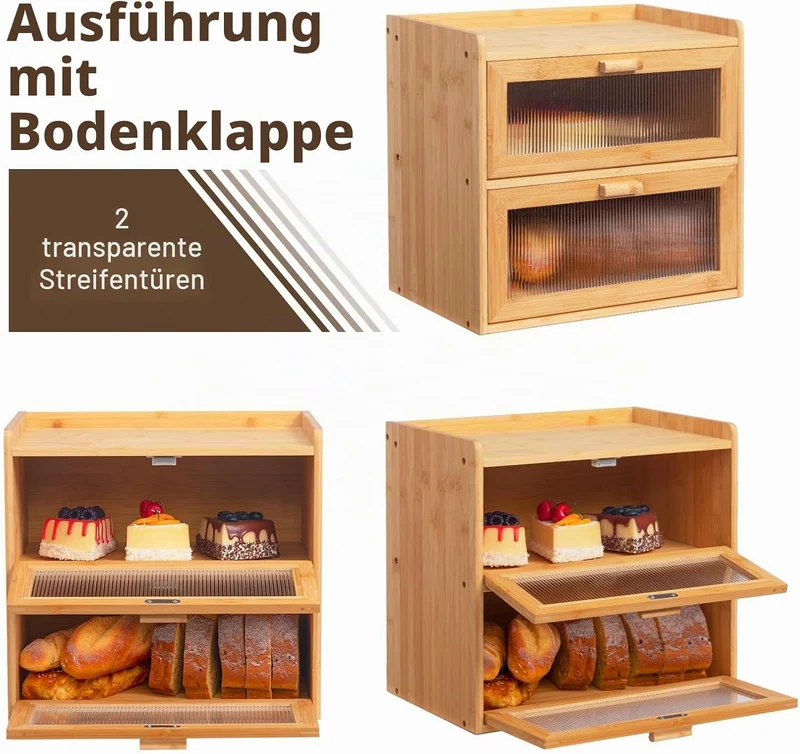 HollyHOME 2-lagiger Brotkasten aus Bambus mit gestreiftem Acrylfenster Rechteckig, Rechteckig
