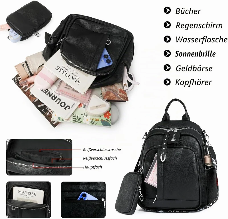 JANSBEN Leder Rucksack Damen Klein, Elegant Cityrucksack Modern Anti-Diebstahl Tagesrucksack Backpac